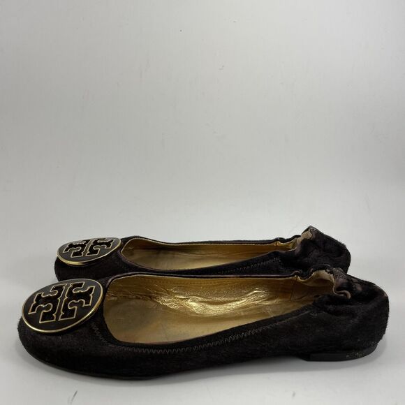 Tory Burch Reva Brown Gold Animal Fur Ballet Flat Womens Size 5 Slip On Ballet - Picture 3 of 9